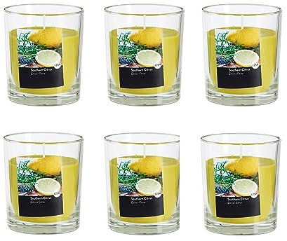Duftkerze im Glas im 6er-Set - Kerze, Advent, Raumduft - Kein Ruß - Brenndauer: 25 Std. - viele Duftaromen – 7,0 x 7,7 cm (Gelb - Duft: Südlicher Citrus)