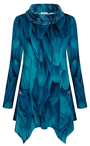 Amrto Damen Pullover Elegant Tunika Langarmshirts für Frauen Freizeit Langarm Shirts Damen Bluse Turtleneck Pullover Tunika Asymmetrische Saum Loose Fit Lange Sweatshirts mit Taschen, Pfauenblau XL