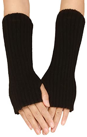 Winter Gestrickte Handschuhe für Damen - Lang Handwärmer Stulpen Fingerlose Armstulpen Warm Strick Armwärmer Pluswärmer Halbfinger (Schwarz, One Size)