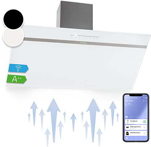 Klarstein Dunstabzugshaube 90 cm Umluft/Abluft, Weiß mit Spühlmaschinenfestem Filter, Dunstabzug Schräg mit 514m³/h Luftstrom, Abzugshaube Breit, Wandhauben mit Wi-Fi & LEDs
