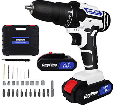 Akku-Bohrschrauber mit 2 Stück 1500mAH Akkus, 2 variable Geschwindigkeitsstufen 25+1 Drehmoment mit LED-Licht, tragbares, wiederaufladbares Akkuschrauber mit Aufbewahrungskoffer für Heimwerker