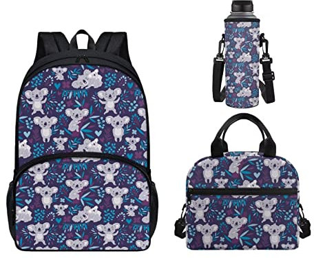 Dolyues Schulranzen-Sets, Rucksack mit Lunch-Tasche, Wasserflasche, 3-teiliges Set für Kinder, Lila Koala, Kinderrucksack