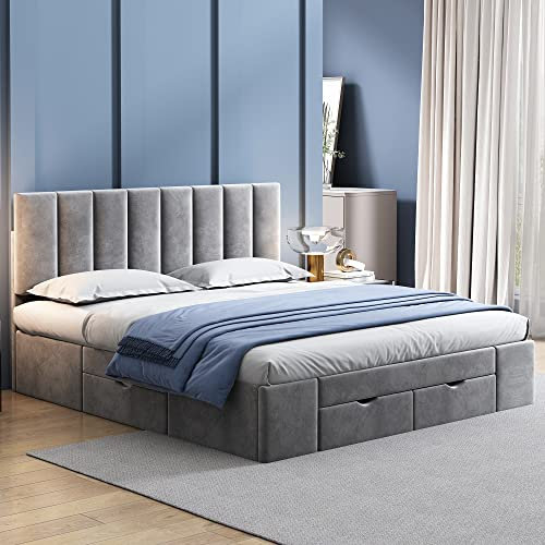 Merax Samt-Stoff Polsterbett 160 x 200 cm, Stauraumbett mit 4 Schubkästen, Doppelbett mit Lattenrost & Rückenlehne, für Erwachsene & Jugendliche, Einfacher Stil, Grau