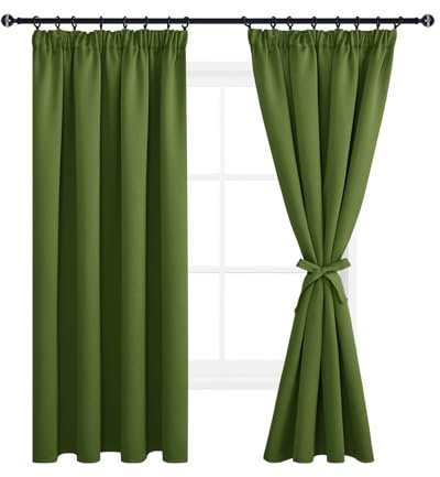 DWCN Vorhänge Blickdicht Verdunkelungsvorhänge Thermovorhänge mit Kräuselband Gardinen mit Vorhang-Krawatten, Fensterdeko Schlafzimmer Vorhang Kälteschutz, 137x117cm(HöhexBreite), Oliv Grün, 2er Set