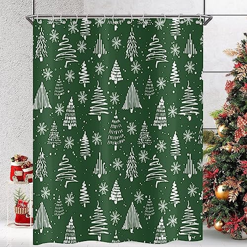 Hnmdmyi Duschvorhang Weihnachten 180x200, Grün und Weiß Weihnachtsbaum Winter Schneeflocke Happy New Year Urlaub Badewanne Vorhang Wasserdicht Polyester Stoff Waschbar Badevorhang mit Haken