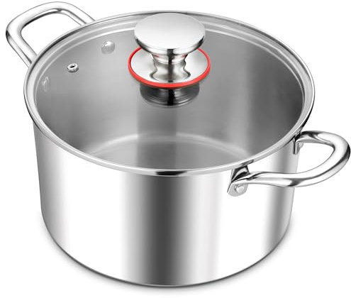 E-far 5 Quart Stock Pot with Lid, 18/10 Tri-ply Stainless Steel Stockpot for Induction Ceramic Gas Stoves, Heavy Duty Cooking Pot for Pasta Soup Stewing Simmering, Oven and Dishwasher Safe