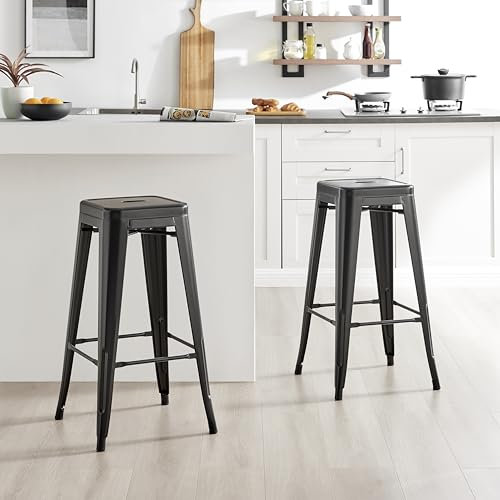Furniturebox UK Colton 2x Black Metal Bar Stools for Kitchen Or Dining Room Tolix Inspired Design Steel Powder Coated Stackable Lightweight Mid Century Bistro Cafe Industrial Stool Set of 2