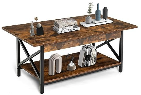 Multigot 2-Tier Coffee Table, Industrial Wooden Center Snack Tea Table with Storage Shelf & X-Shape Metal Frame, Rectangular Cocktail Sofa Side Table for Living Room Bedroom (Rustic Brown)