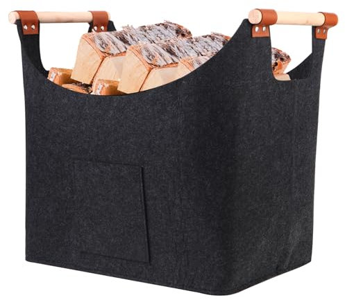 LMTNNB Cesta de madera para leña de chimenea, 60 L, con asas, grande, de fieltro extragrueso, 45 x 32 x 40 cm