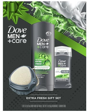 Men+ Care Gift Set – Face + Body Wash, Antiperspirant, Refreshing Extra Fresh Scent, Active Clean Dual-Sided Shower Tool, Christmas Gifts for Men (3 Piece Set)