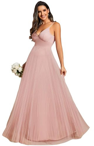 Ever-Pretty Robe Témoin de Mariage A Line Col V Tulle sans Manches Bretelles Taille Empire Robe pour Mariage Invité Longue Élégante Rose 48