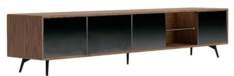 Ángel Cerdá - Mueble TV de Nogal y Cristal Negro Efecto Espejo - Mueble TV Madera con Puertas Soft-Closing - Moderno, Duradero y Funcional - 240 x 45 x 50 cm