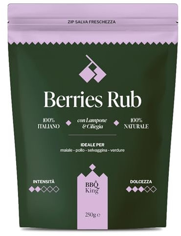 BBQ KING - Berries Rub Confezione da 250 Gr, Dry Rub Bbq per Manzo Ideale per Barbecue e Grill, Set Spezie Cucina 100% Made in Italy, Miscela di Spezie per Carni Bianche (Pollo, Maiale, Coniglio)