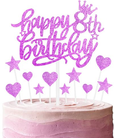 mciskin Hot Pink Happy 8th Birthday Cake Toppers for Cake, Girls 8th Birthday Decorations,Personalised Cake Toppers for Girls,Glitter 8 Cake Topper Cupcake Topper for Party Cake Decoration
