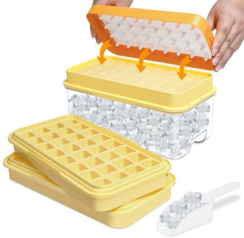 Ice Cube Tray, Ice Cube Tray with Lid and Bin Making 64 pcs Ice Cubes, Easy Release Ice Cube Moulds for Freezer, Whiskey, Cocktail and Drink(Yellow)