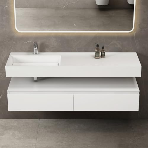 doporro Waschtisch mit Unterschrank 150x48x25cm Waschbecken Weiß matt | Wandhängendes Badmöbel-Set mit Mineralguss-Waschbecken – großzügig & pflegeleicht für moderne Bäder UP