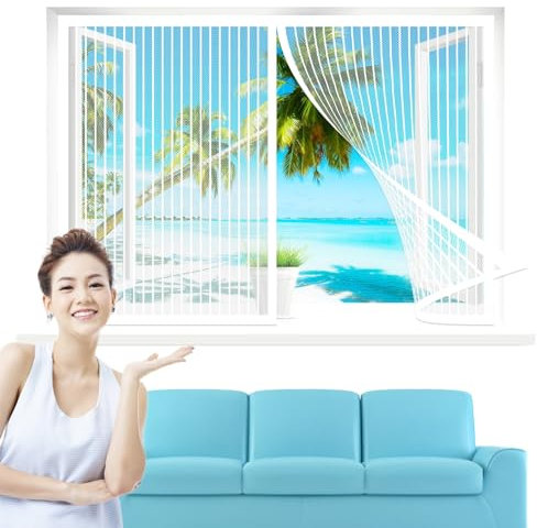 Fliegengitter Fenster 130 x 240 cm, Insektenschutz Insektenschutzgitter Terrassentür, Magnetische Adsorption für Windows/Wohnzimmer Fenstern, Weiß