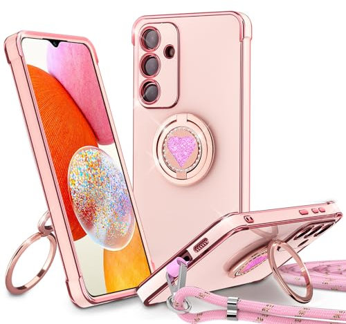Eherui HandyHülle für Samsung Galaxy A14 5G/4G Hülle mit Band,Ring Herz Doppelring Ständer Handykette Frauen Mädchen Dünn Stoßfeste SchutzHülle für Samsung A14 Case Rosa