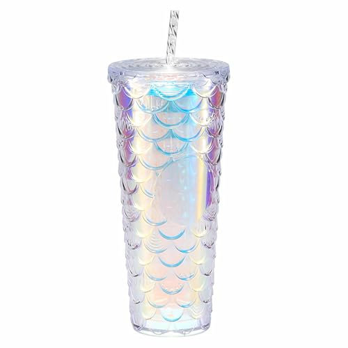 VEIYI Trinkbecher 710ml Doppelwandiger Becher Wasserbecher Meerjungfrauen-Waage Kaffeebecher Auslaufsichere Trinkflasche Groß Travel Tumbler mit Strohhalm und Deckel (J)