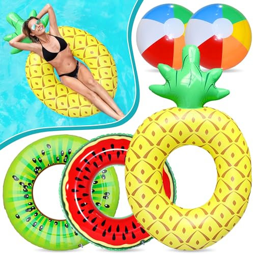 Chennyfun 5 Pcs Piña de Inflable Set, Anillo de Natación para Niños y Adultos con 2 Pelota de Playa, Divertidos Juguetes Flotantes Inflables para Piscina y Fiestas para Niños y Adultos