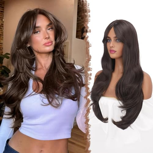 FESHFEN Lange Perücken mit Pony, Mittelbraun Geschichtete Perücke für Damen Frauen Natürliche Synthetik haare Perucken für Tägliche Party Cosplay, 65 cm
