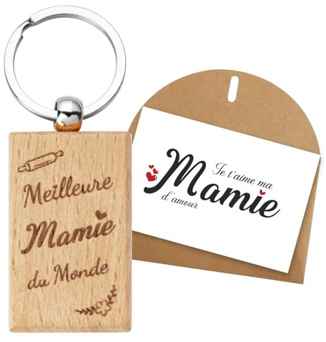 Kit de Cadeau Mamie Porte-clé Meilleure Mamie du Monde en Bois Pendentif Porte-clef Grand-mère et Carte de Vœux Personnalisé avec Enveloppe Cadeau femme pour Noël Anniversaire Fête des mères