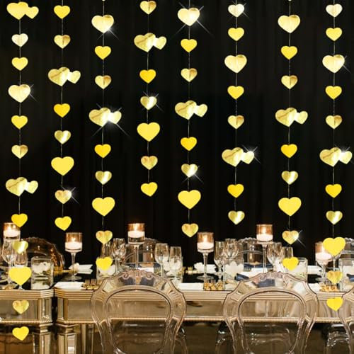 52Ft Herz Girlande Gold, 4 Stück 4m Goldene Hochzeit Girlande, Hängenden Papiergirlande, Gold Herzgirlanden für Goldene Hochzeit Verlobung Jahrestag Valentinstag Geburtstage