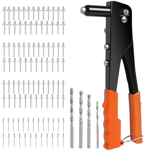 Lolileo Rivet Gun Set,Rivet Gun 100PCS Metal Rivets and 4PCS Hss Drill Bits,Pop Rivet Gun,Professional Riveter Tool for Automotive,Railway,Furniture,Instrument,Heavy Duty Pop Rivet Gun Kit