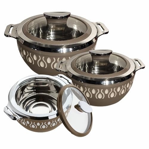 Casserole Serving Dishes Set of 3 with Clear Glass Lid & Handle – Airtight Stainless Steel Insulated - BPA Free Thermal Hot Pot Food Containers - Round, Earth Beige (Size -1000, 1500, 2000ml)
