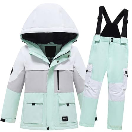YIzdegg Traje de esquí para niños y niñas, estampado de manga larga, terciopelo grueso, cálido, resistente al viento y al agua, parte superior y pantalón, traje de 2 piezas para correr, verde menta,