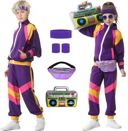 Hislovy Costumi Anni 80 90 per Bambini Bambino Tute da Ginnastica Tuta da Jogging Sportivo a Tema per Festa Carnevale Halloween, viola, 9-10 anni