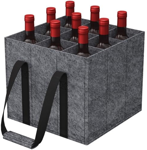 Lifewit Flaschentasche mit 9 Fächern, Filz Flaschentasche, Faltbare Filz Flaschentragetasche mit Griff für Wein, Getränke, Bier, Champagner, Weinflasche Getränketasche, Grau, 30 x 20 x 26cm