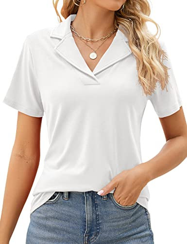 Rapbin Ladies Polo Shirt Slim Fitted Gym Tops Classic Short Sleeve Cotton T Shirts White Polo Shirt for Womens (W, 10-12)