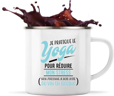 Tasse Métal Je Pratique le Yoga | 360 ml Mug Émaillé Métallique | Idée Cadeau Yoga Humour Zen Méditation Cadeau Drôle Original Souplesse Bien-Être