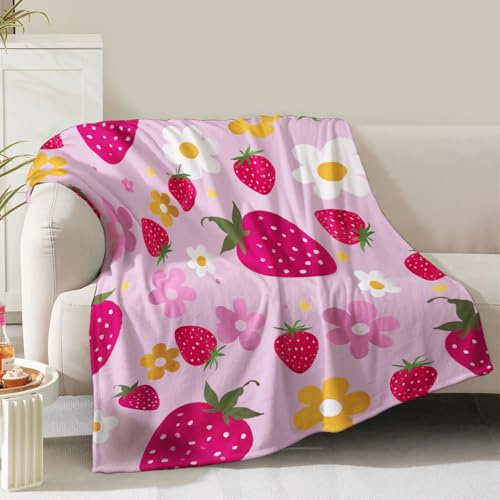 Erdbeer-Decke, Geschenke für Frauen, Mädchen, Mutter, Bestie, Geburtstag, Weihnachten, rosa Blumenmuster, Erdbeeren, Obst, Dekoration, Sofa, Couch, weich, gemütlich, Plüsch