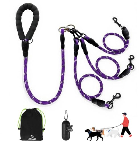 LEOSASA No Tangle 3 Dog Leash - Main Lead Rope with Padded Handle, Three Detachable Leash Splitters, Heavy-Duty Clip, 4.76ft for Walking, Running, Small, Medium, Large Dogs (Purple)