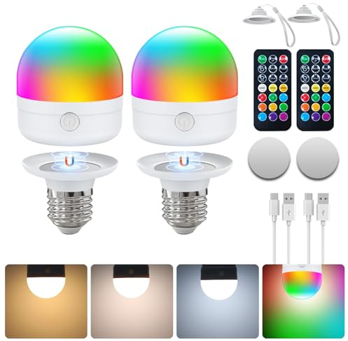 I-SHUNFA Lampadina Ricaricabile USB-C con Telecomando,Lampadine LED E27 7W,Lampadina CCTRGB Dimmerabile con Timer e Batteria,Luce di Emergenza Esterna 2000mAh con Magnetico,2 Pacchetto (con Cordino)