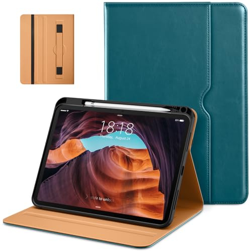 DTTO Copue para iPad (A16) 11.ª generación 2025, iPad 10.9 pulgadas 2022, funda de bolsillo de piel de primera calidad con soporte para lápiz - Despertar/Sueño Auto, Azul Verde