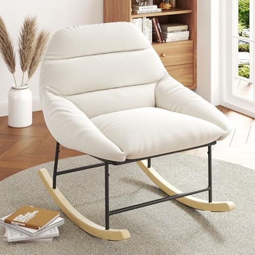 Fauteuil à bascule confortable pour chambre d'enfant, avec rembourrage en polaire Sherpa, assise profonde, assise rembourrée et accoudoirs larges, pour salon, chambre à coucher et bureau, beige