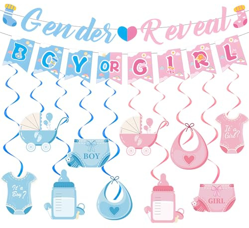 Babyparty-Dekoration – 12 Stück rosa und blaue Banner für Jungen oder Mädchen, Buchstabenbanner, Flaschenaufhängung, Wirbel für Jungen und Mädchen, Babyparty-Zubehör