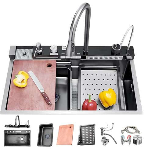 Fregadero de Cocina de Gran Capacidad, de Acero Inoxidable, con lavaplatos, de un Solo Seno con Revestimiento nanométrico y Dos cascadas (Negro-Gris, 68 cm)
