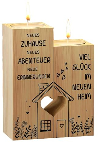 Geschenk zum Einzug ins Haus Holz Kerzenständer mit Herz Design Einweihungsgeschenk Wohnung Dekoration für Tisch 10 und 12 cm
