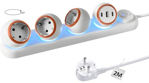 Treibo 360 Grad Drehbare Steckdosenleiste, 3-Fach Steckerleiste mit 3 USB und LED Licht, Mehrfachsteckdose Wandmontage mit Schalter und 2M Verlängerungskabel (Orange)