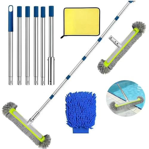Cepillo Piscina con pertiga 230cm, Cepillo de Piscina 45cm, Cepillo para Limpiar Piscinas, Kit Piscina Limpieza, Cepillo para Limpiar Piscinas con Varilla de Acero Inoxidable.