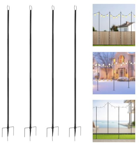 FROPIJ 4 Stück Lichterkettenstangen, 3m Garten Metallstangen String Light Pole 5kg Tragfähigkeit, Außen Hängende Lichtstangen Lichtmasten für Weihnachtsbeleuchtung, Fahnen, Partys