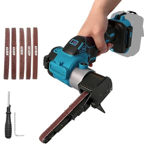 Cordless Belt Sander Compatible with Makita 18V Battery, 0-13000RPM 360° Adjustable Brushless Belt Grinder with 20 Sanding Belt for Wood Metal Plastic (Blue for MK)