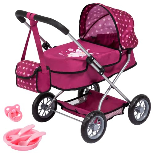 Idena Puppenwagen Smarty mit Umhängetasche, ca. 58 x 37,5 x 57 cm | klappbarer Kinderwagen für Puppen, inkl. Geschirr mit Besteck und Schnuller, 40399