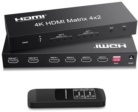 Commutateur Matrix HDMI 4 x 2, commutateur vidéo HDMI + sortie optique et L/R, prise en charge Ultra HD 4K x 2K, 3D 1080p, extracteur audio EDID adaptateur d'alimentation