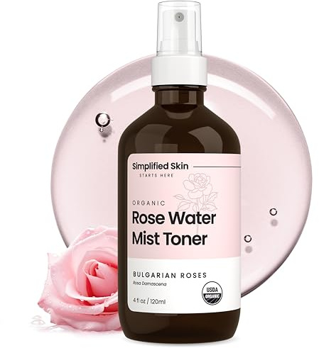 Rose Water für Gesicht & Haare, USDA zertifizierter organischer Gesichtswasser. Alkoholfreier Make-up-Spray, Sprühnebel Simplified Skin Rosenwasserblüten, 100% natürlich, Anti-Aging