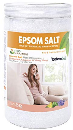 Nortembio Sal de Epsom Alimentaria 1,25 Kg. Magnesio para Tomar. Fuente de Vitaminas C y E + Extracto Ecológico de Bergamota, Ylang Ylang y Lavanda. Limpieza de Hígado. Cacito Dosificador Incluido.